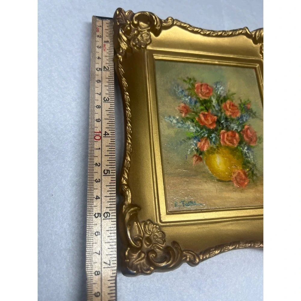 Vintage MCM Still Life Floral Painting Gold Ornate Mini Frame Regency 1964 USA